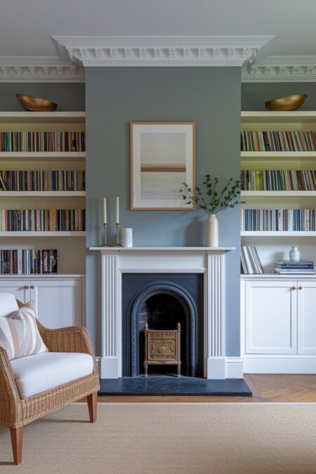 gray living room has chimney breast alcoves with white built-in shelving