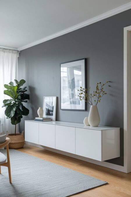gray living room with a white fauxdenza, floating credenza