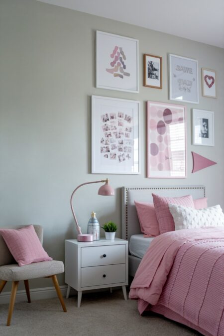 light gray girls' bedroom with a gallery wall and pink bedding