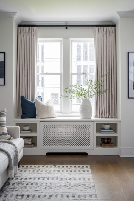 light living room with a white radiator cover with shelves at the sides for storage