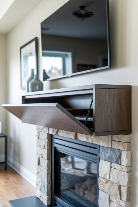 living room has a hollow mantel with a secret compartment behind drop-down mechanism