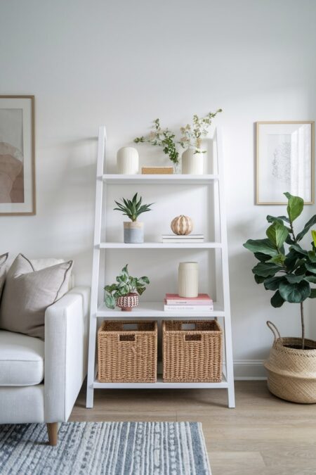 living room has a white ladder shelving unit with storage baskets at the bottom