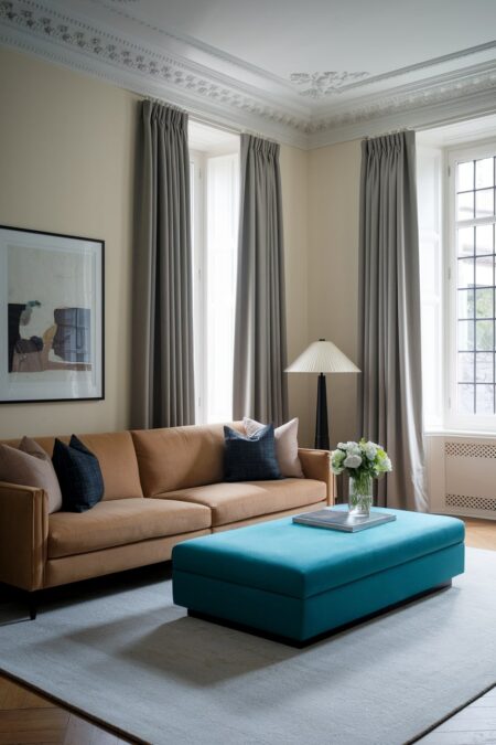 living room with a brown velvet sofa and a blue velvet storage ottoman