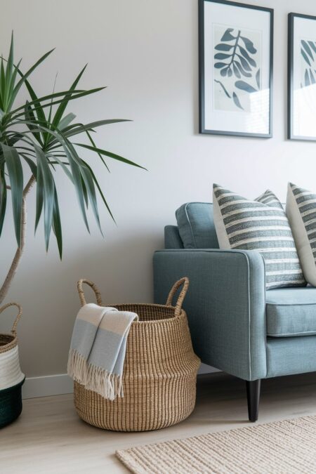 living room with a seagrass woven basket for storing throw blankets and a gray couch
