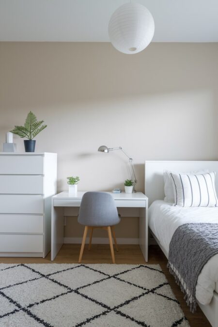 minimalist teen bedroom with a beige wall and a white tall handleless dresser