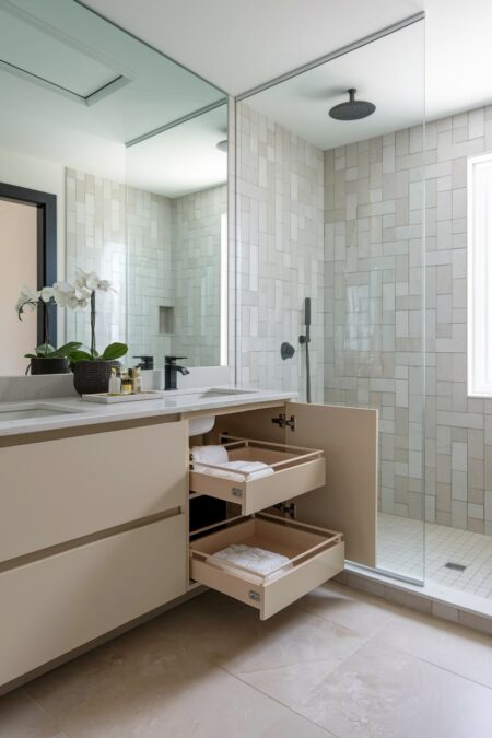modern bathroom has a cream vanity with pull-out organizers in the cabinet