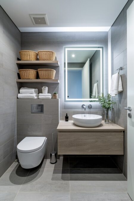 modern bathroom has gray tile and floating shelves with woven baskets for storage above the toilet