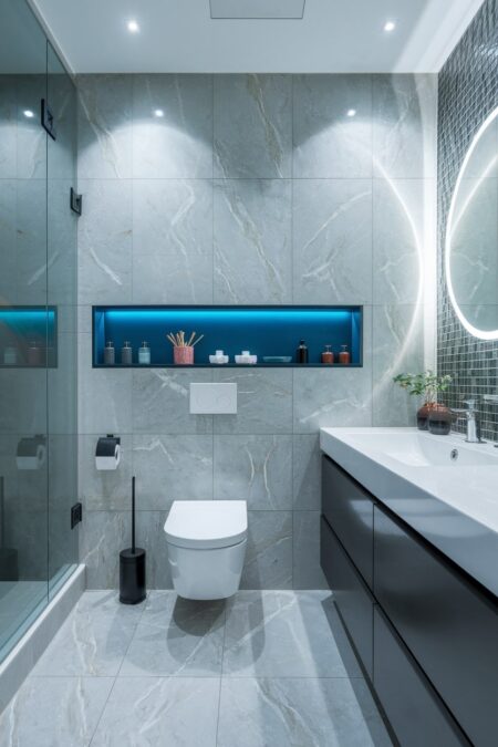 modern bathroom with a blue horizontal accent wall niche with cosmetic bottles above the toilet