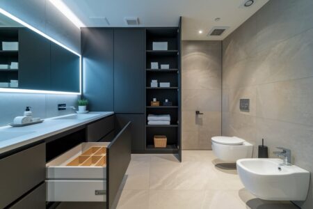 modern bathroom with black handleless bathroom cabinets and storage solutions