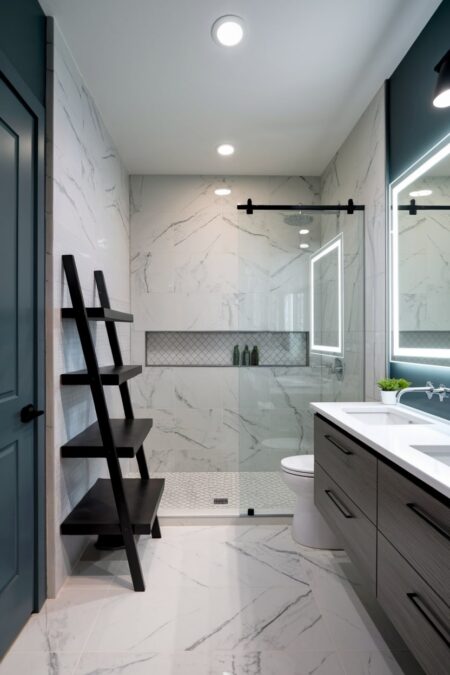 modern bathroom with black ladder shelving and white marble porcelain tile