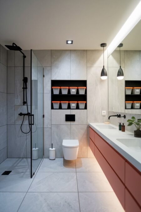 modern bathroom with plastic containers for storage in the wall niche above the toilet and orange vanity drawers