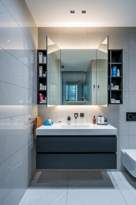 modern bathroom with recessed medicine cabinets for hidden storage and a floating vanity