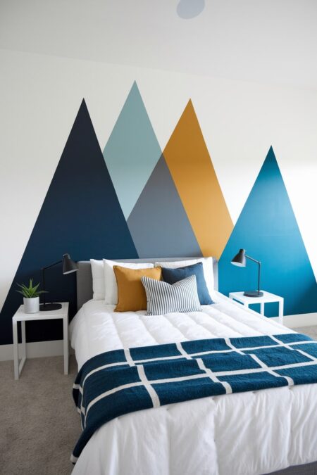 modern boy's bedroom has colorful triangles painted on the wall behind the bed