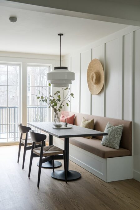 modern dining room has a banquette with a hidden storage and two dining chairs