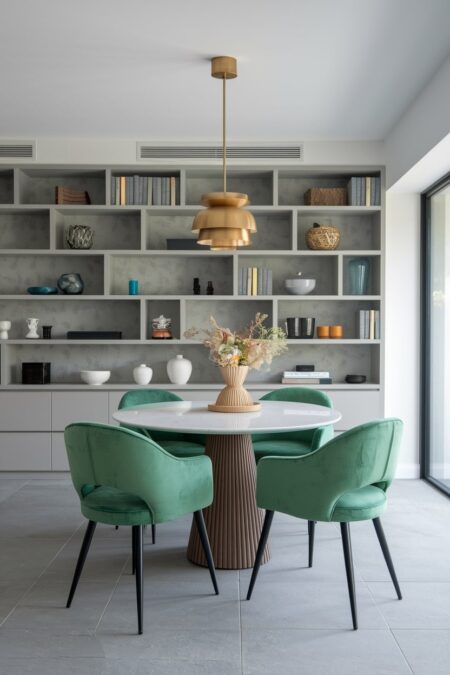 modern dining room has a creative built-in with asymmetrical shelving and green velvet chairs