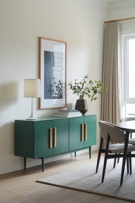 modern dining room has a green sideboard with gold handles