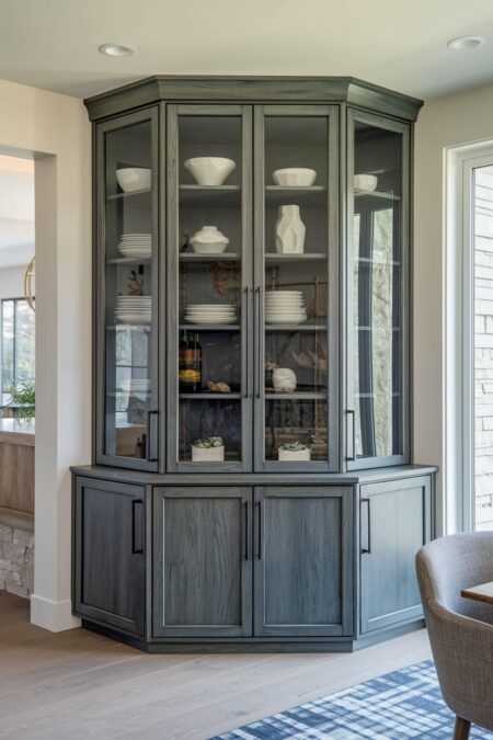 modern dining room has a large corner cabinet with upper glass-fronted sections