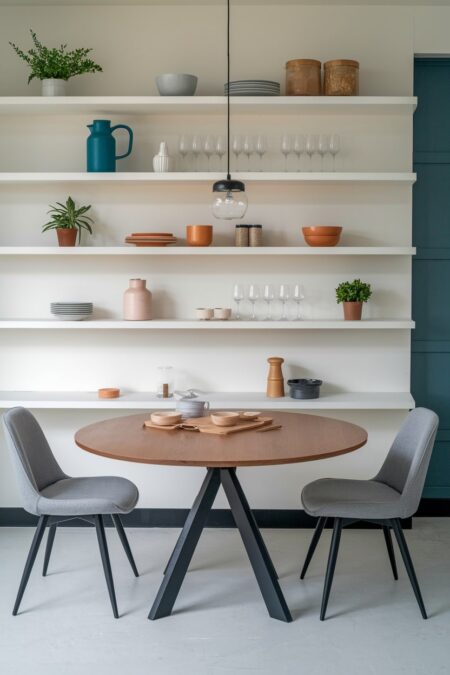 modern dining room has white floating shelves with wine glasses and tableware, round dining table