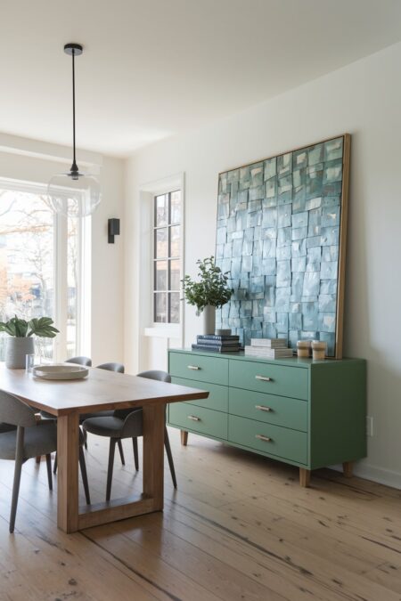 modern dining room with a green repurposed dresser and wooden flooring