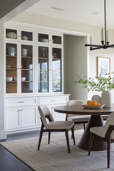 modern dining room with a white hutch for storage and a round wooden dining table