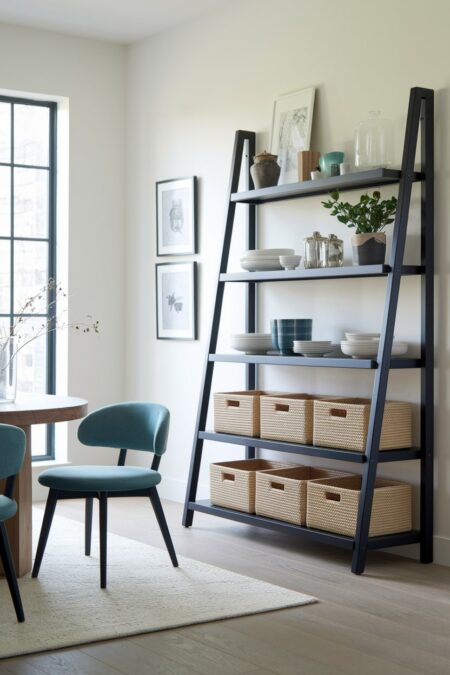 modern dining room with white walls and black ladder shelving with storage baskets on the lower shelves