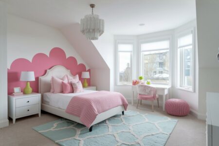 modern girls' bedroom with white walls and pink color accents