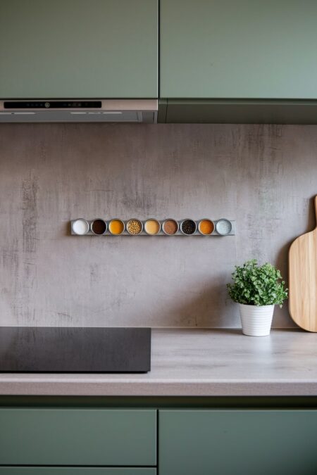 modern green kitchen has a magnetic strip on the backsplash with small metal spice tins