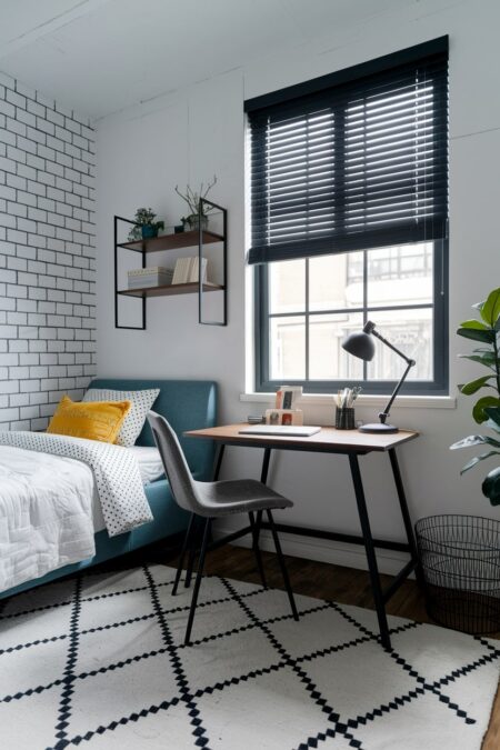 modern industrial style teen bedroom with a white exposed brick wall and black window blinds