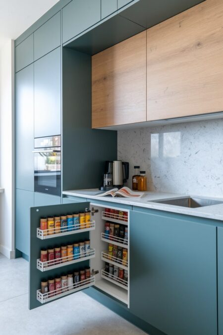 modern kitchen with a spice rack on the lower cabinet door and pull-out organizers in the cabinet