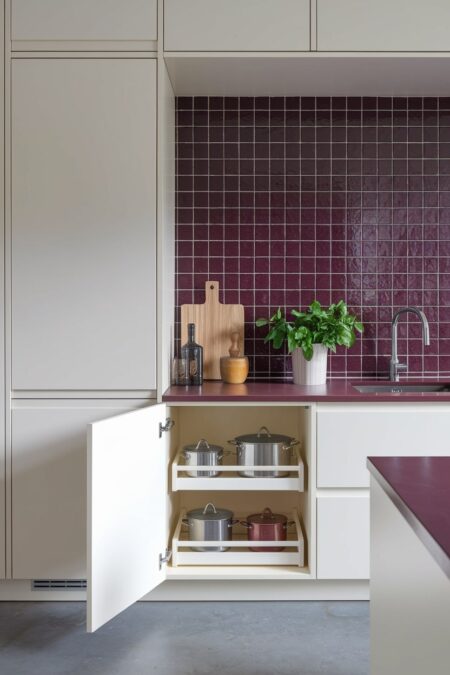 modern kitchen with cream cabinets old mauve color backsplash and countertop, and a pull-out cabinet organizers with pots