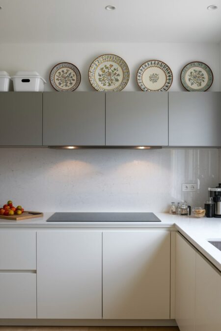 modern kitchen with large serving platters and storage boxes on the gray upper cabinets