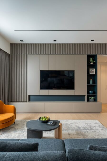 modern living room with a brown media wall for storage and yellow accent chair