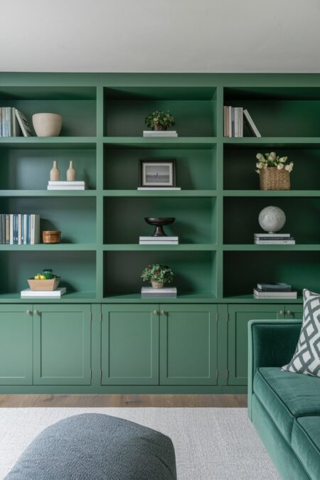 modern living room with a green floor-to-ceiling built-in shelving