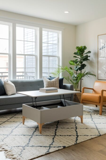 modern living room with a lift-top coffee table for storage, gray sofa, and leather armchair