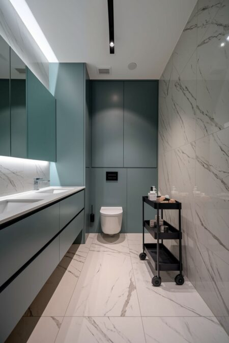 modern minimalist bathroom with a black slim rolling cart for storage