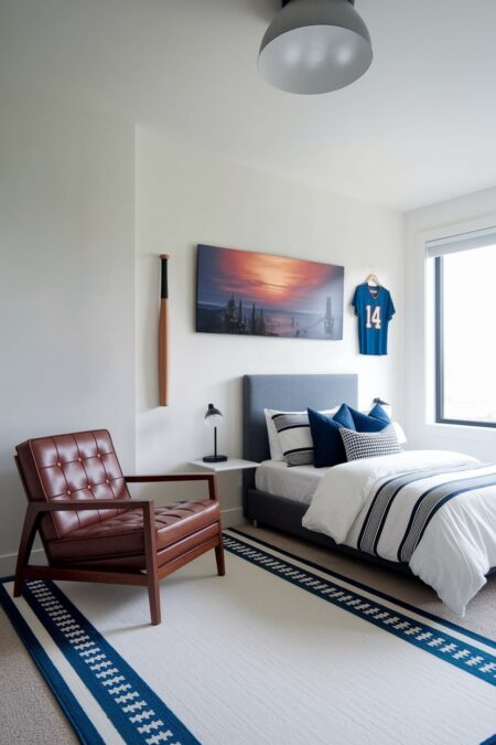 modern minimalist boy's bedroom with white walls, baseball bat and jersey, leather chair