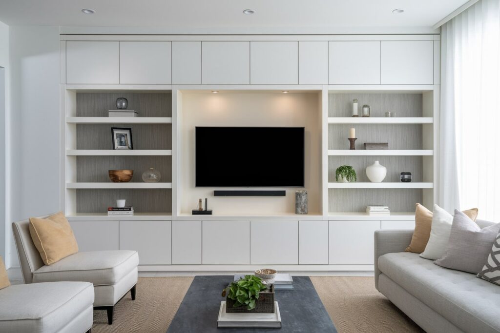 modern neutral living room with a white media wall with storage