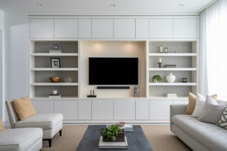 modern neutral living room with a white media wall with storage