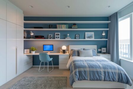modern teen bedroom with a blue accent wall, light wood flooring, white furniture and floating shelves