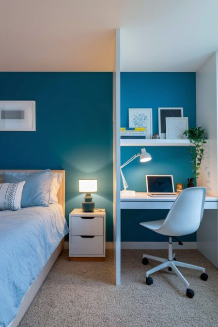 modern teen bedroom with a room divider between a study area and sleeping zone