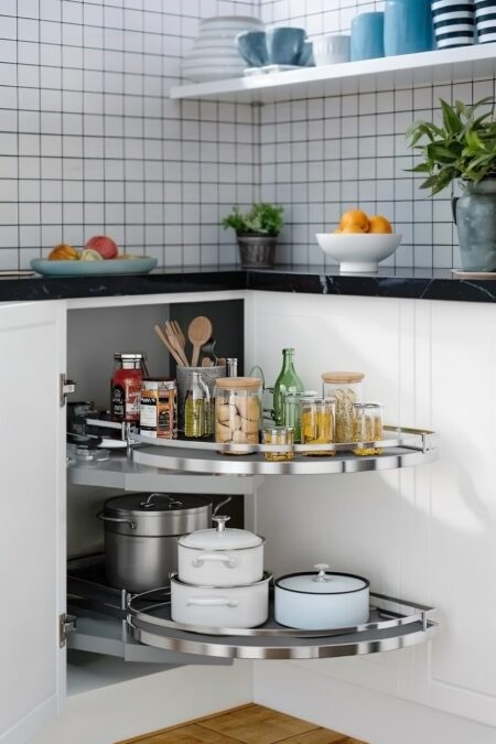 modern white kitchen with corner pull-out shelves that swing out of the cabinet