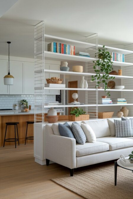 open plan living room with a room divider shelving unit between the kitchen area and living space