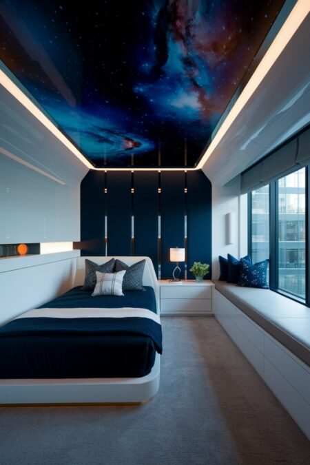 small modern boy's bedroom has ceiling with galaxies and white furniture