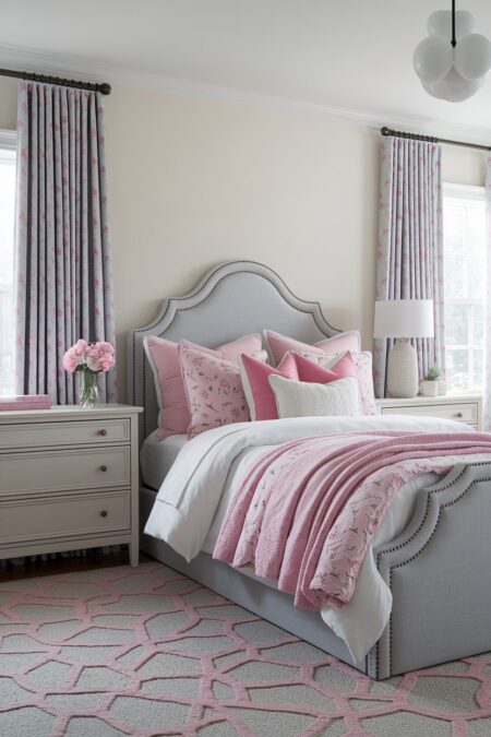 transitional girls' bedroom with cream walls, gray furniture, pink and white bedding