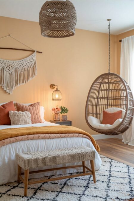 warm tone boho style girls' bedroom with a hanging rattan chair in the corner