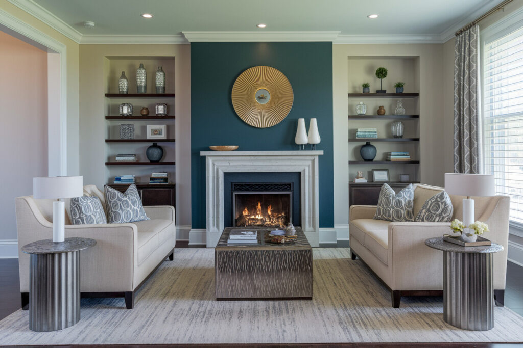 Art Deco living room with fireplace and light couches, metal side tables and coffee table, gold round mirror above the mantel