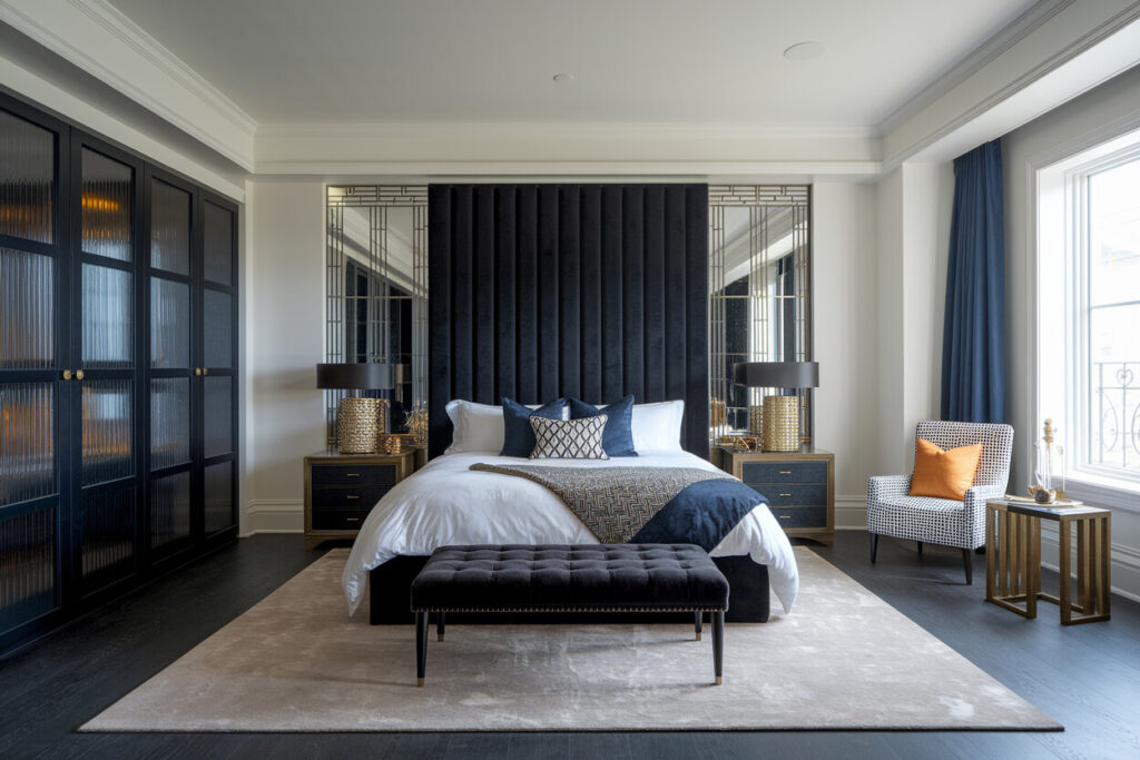 Art Deco style bedroom with black velvet channel tufted headboard and tufted bed bench, wardrobe with fluted glass doors