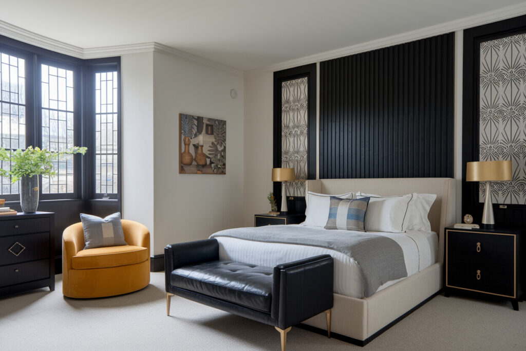 Art Deco style bedroom with light upholstered bed frame, black wall panels and leather bed bench, yellow velvet accent chair