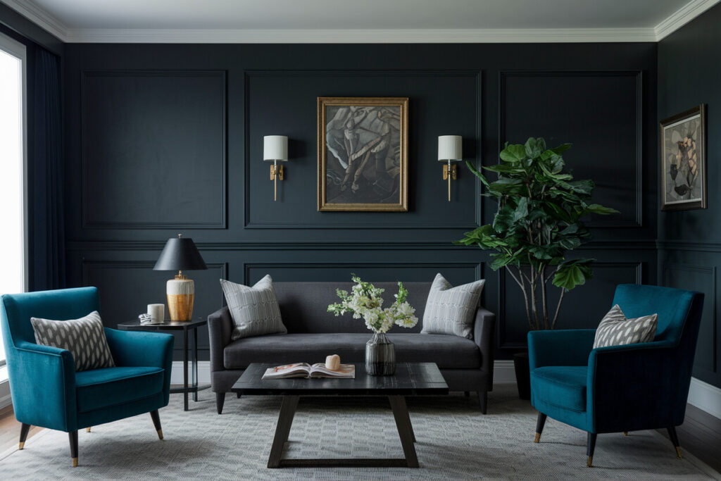 Art Deco style living room has black walls with moldings, gray sofa and blue armchairs