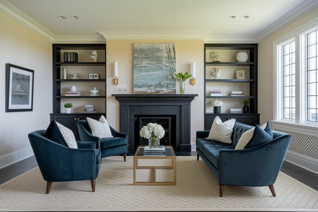 Art Deco style living room with black fireplace and built-in shelving, dark blue velvet sofa and armchairs